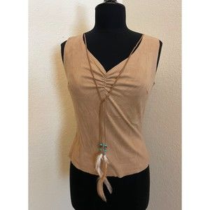 Vixen Vtg 90's Southwest Native American Faux Suede Feather Sleeveless Top Sz M